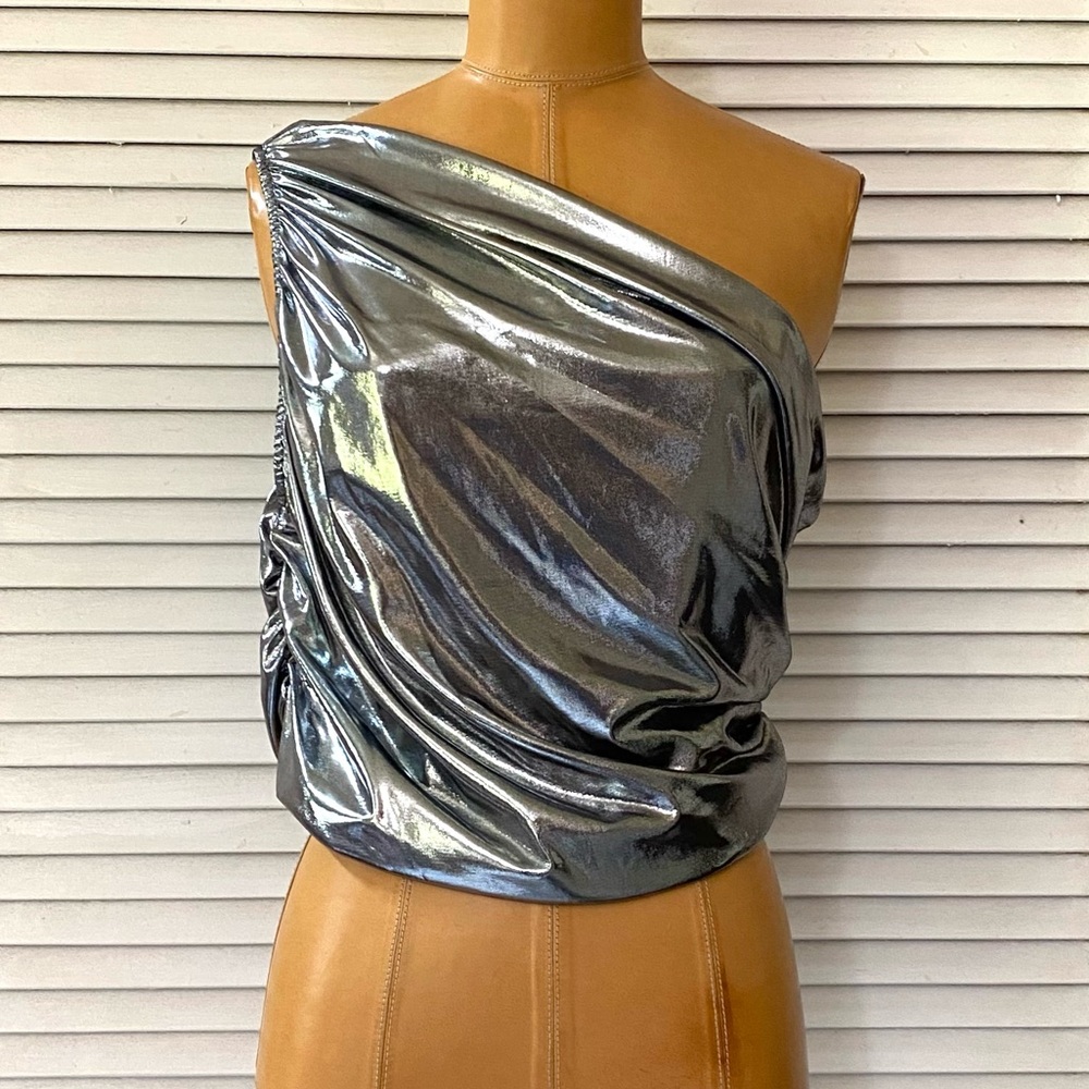 🆕 Wearever Top Womens XL Metallic Silver Draped One Shoulder Cocktail Club Party